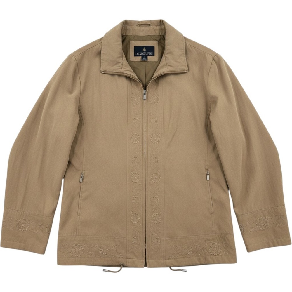 London Fog Mens Embroidered Full Zip Microfiber Jacket Tan XL
